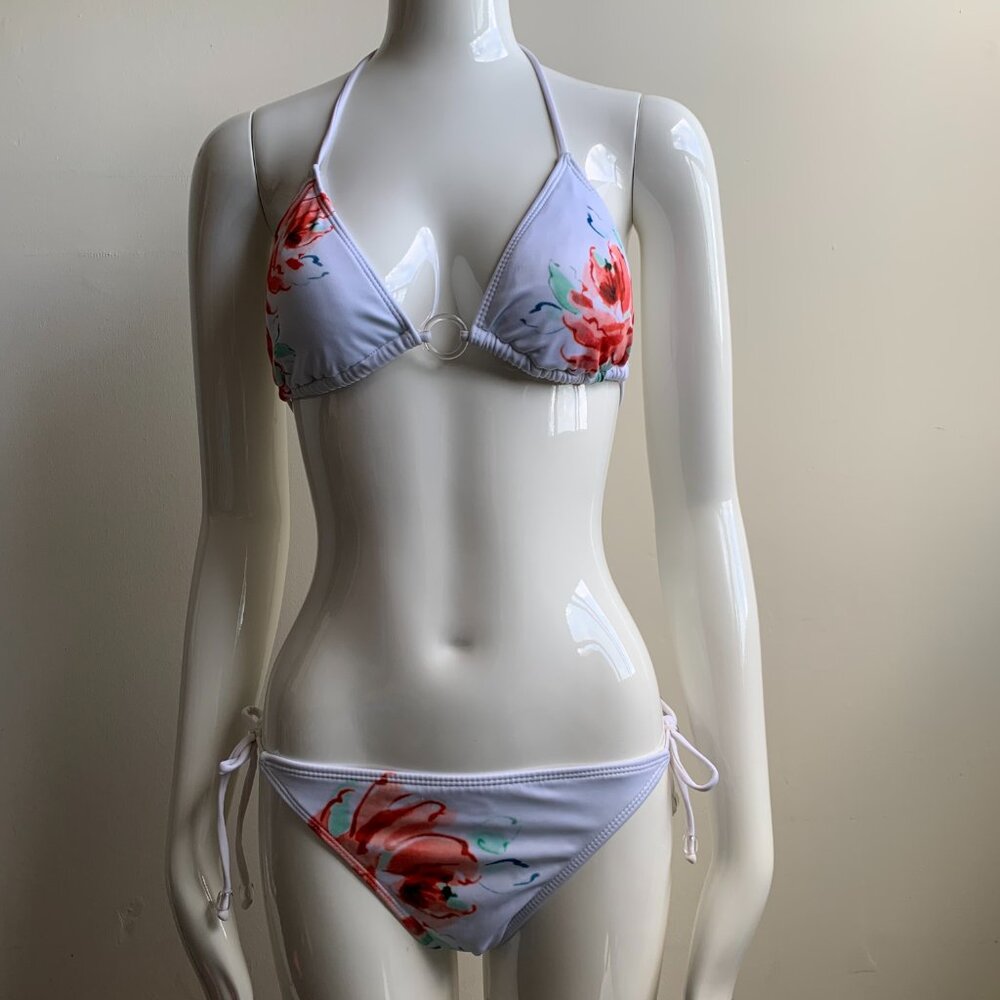 Guess white floral print triangle top tie side bikini